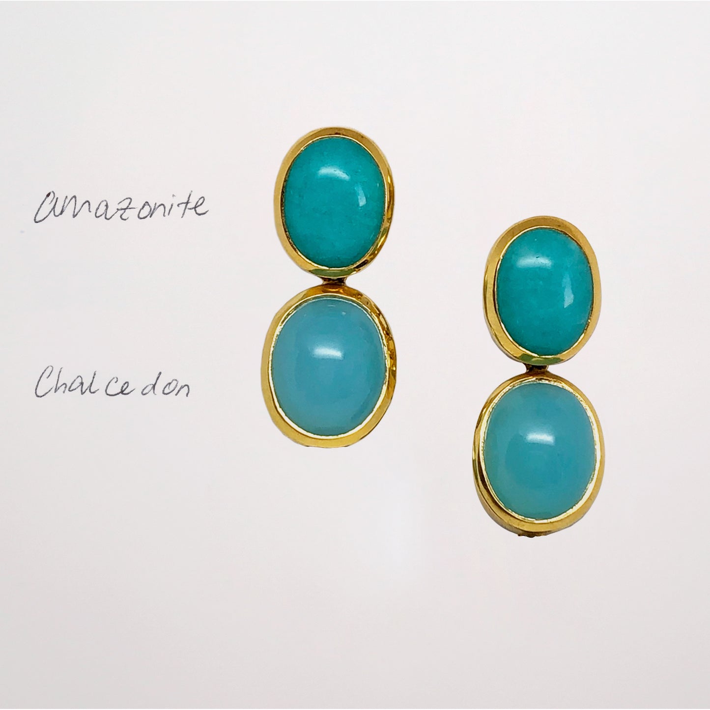 Amazonite and chalcedony blue gemstone earrings set in yellow gold on a light gray background