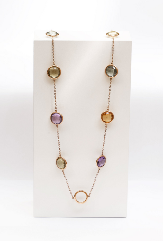 Colorful Necklace Round Gemstones set in rose gold 