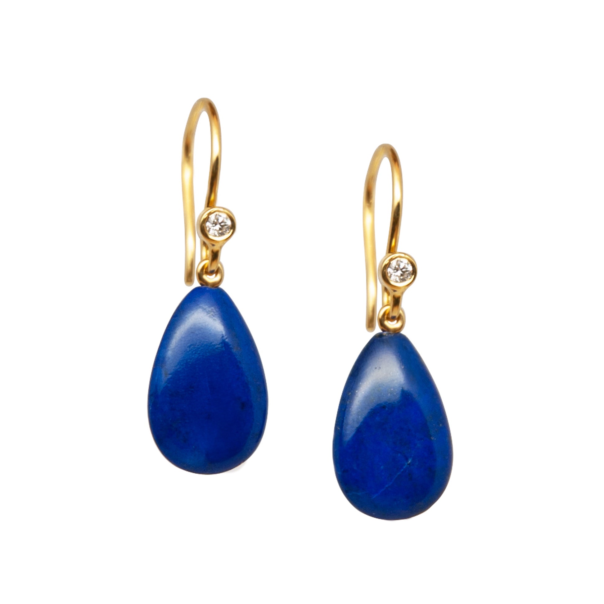 Pair of lapis lazuli gold earrings with blue teardrop stones and diamonds on a white background