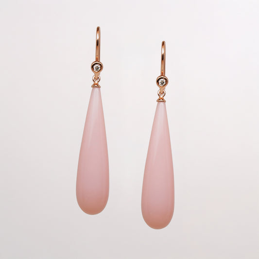 Pink opal earrings gold, designed in Switzerland and set in gold with diamonds.