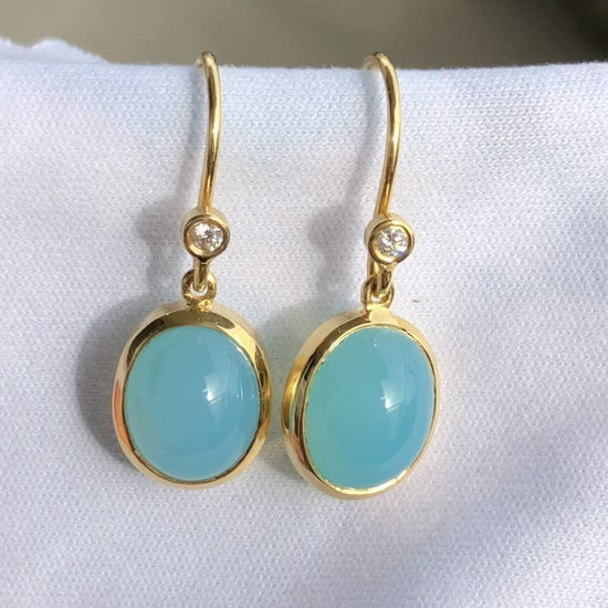Chalcedony Gold Earrings with natural blue Gemstone set in yellow gold with diamonds