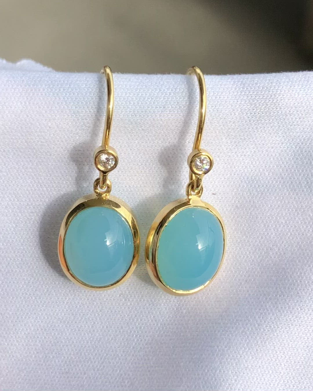Chalcedony Gold Earrings with natural blue Gemstone set in yellow gold with diamonds