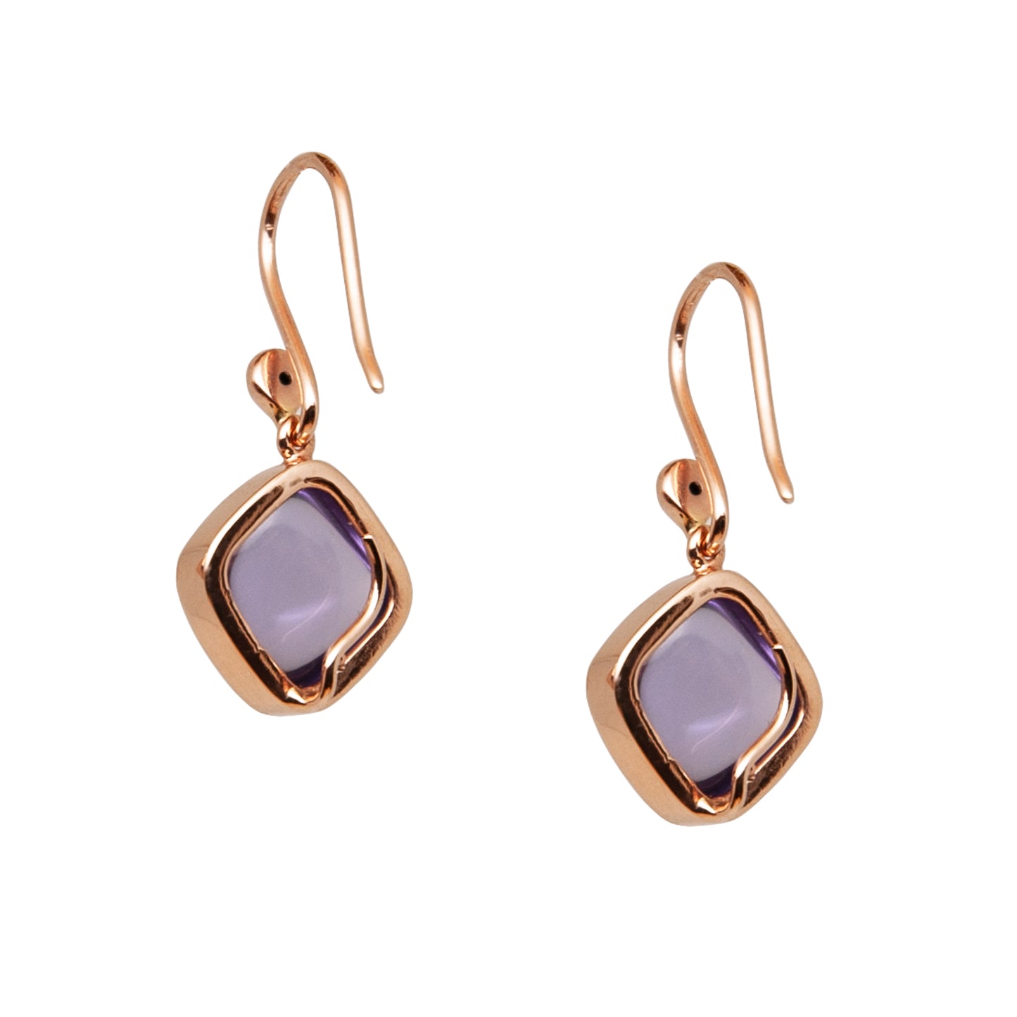 A pair of square amethyst gold earrings in rose gold with diamond accents, hanging from ear hooks.