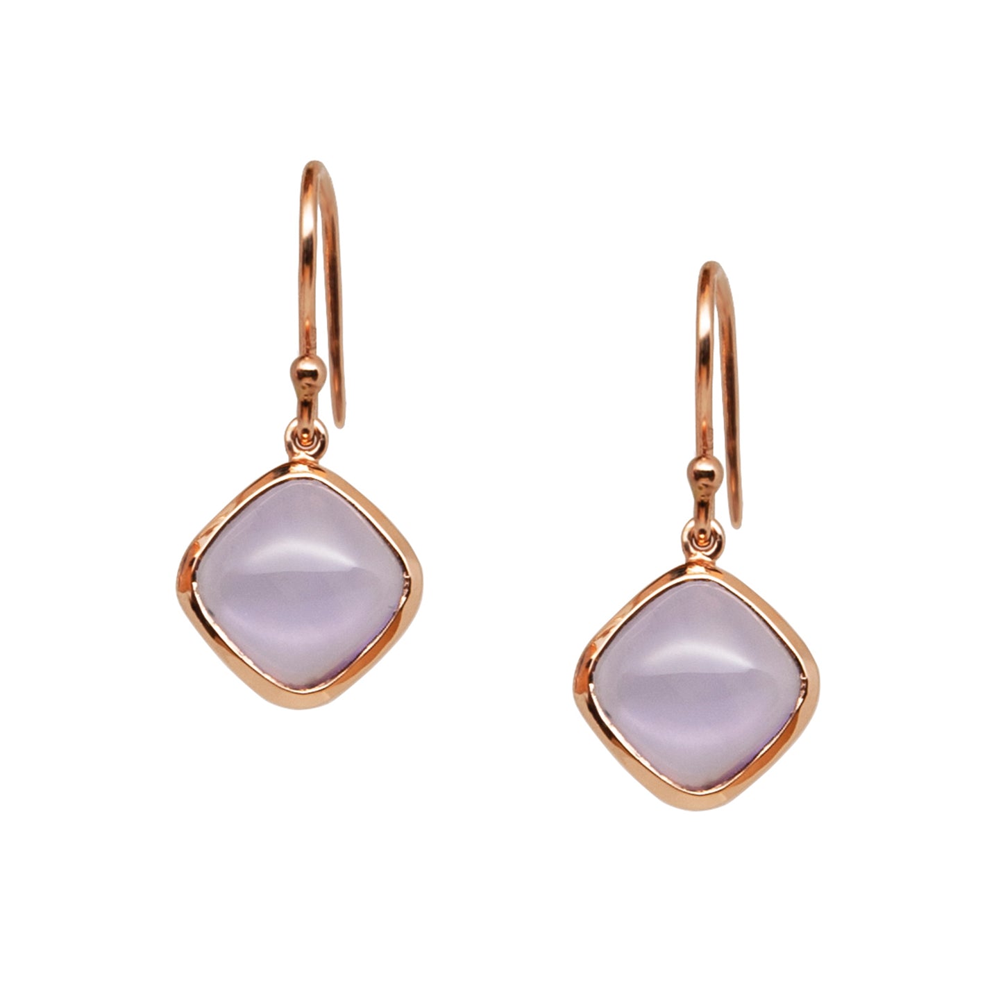 A pair of square amethyst gold earrings in rose gold with diamond accents, hanging from ear hooks.