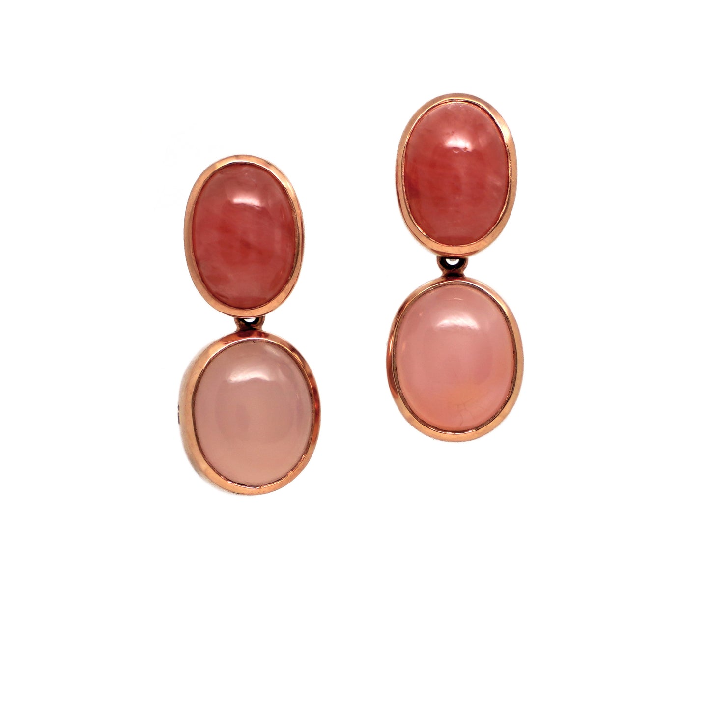 Pair of gemstone earrings with pink stones set in rose gold on a light gray background